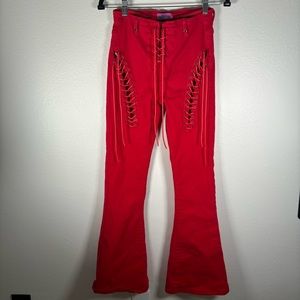 Red lace up flare pants